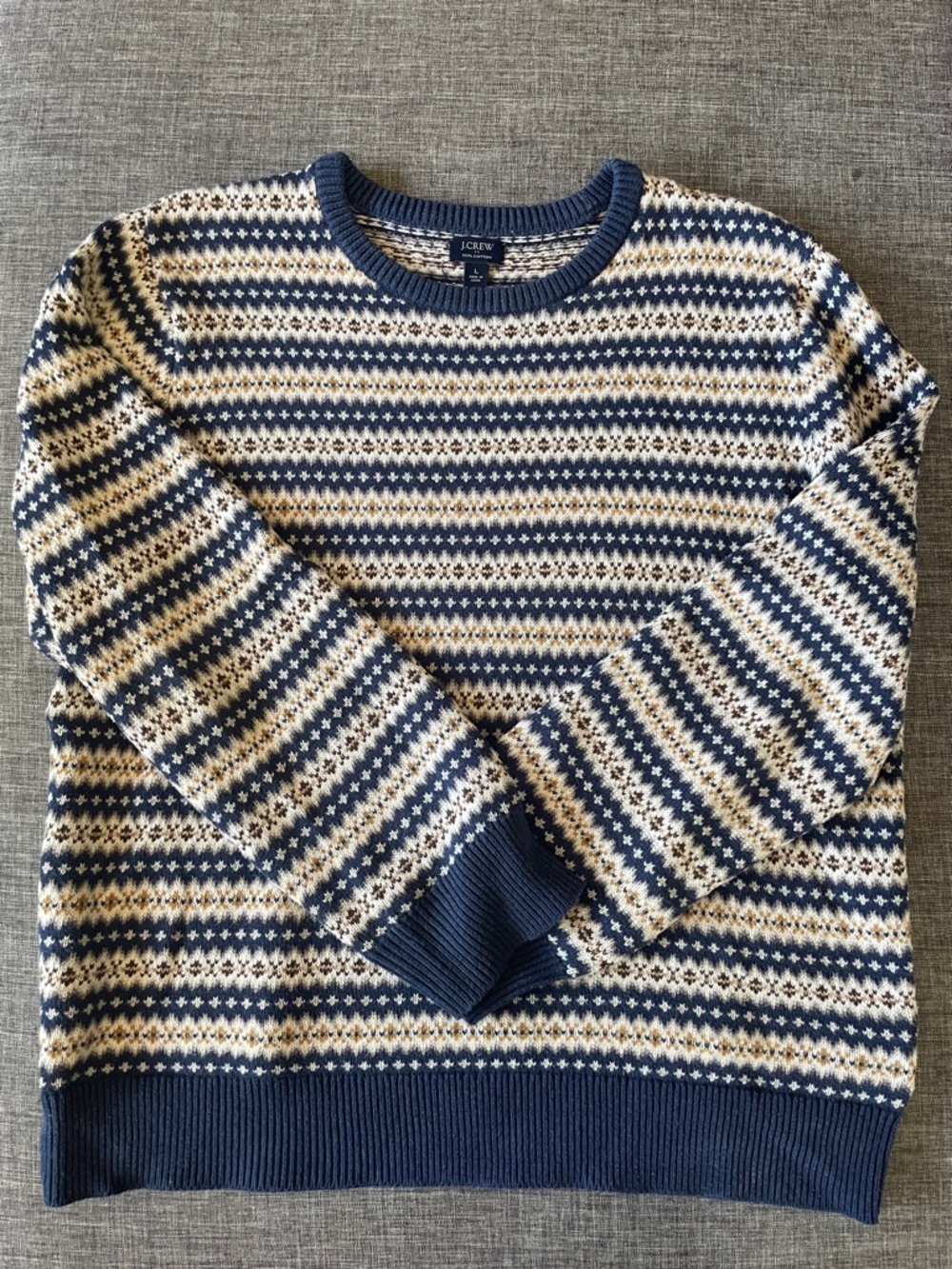 J. Crew Navy and Cream Striped Fair Isle Crewneck Sweater